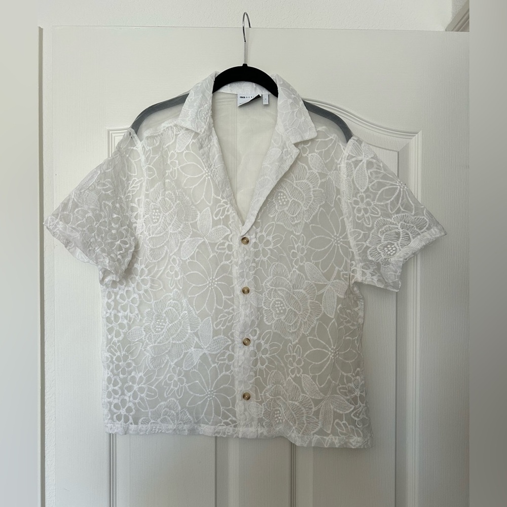 ASOS WHITE SHEER EMBROIDERED SHIRT SZ S